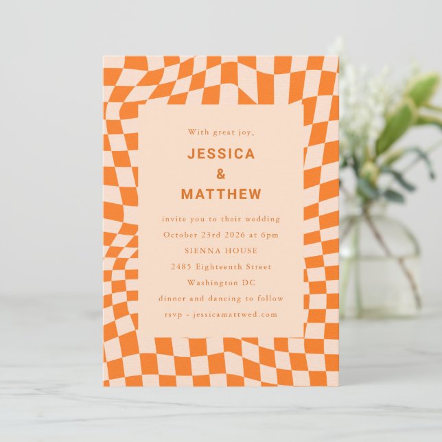 Groovy Retro Orange Abstract Checkerboard Wedding Invitation (Standing Front)