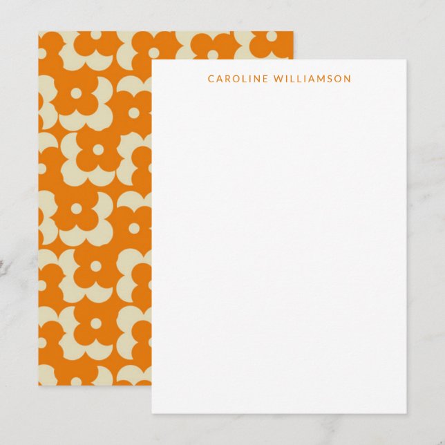 Groovy Retro Orange Floral Custom Name Stationery Note Card (Front/Back)