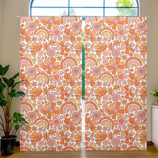  Groovy Retro Orange Florals  Blackout Curtains (Living Room)