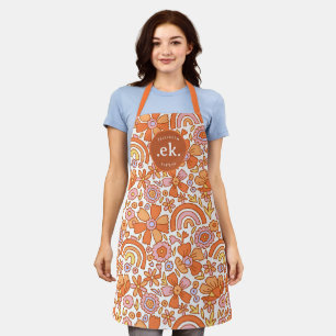 Groovy Retro Orange Florals Monogram Apron