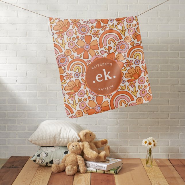  Groovy Retro Orange Florals Monogram Baby Blanket (In Situ)