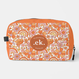  Groovy Retro Orange Florals Monogram Dopp Kit