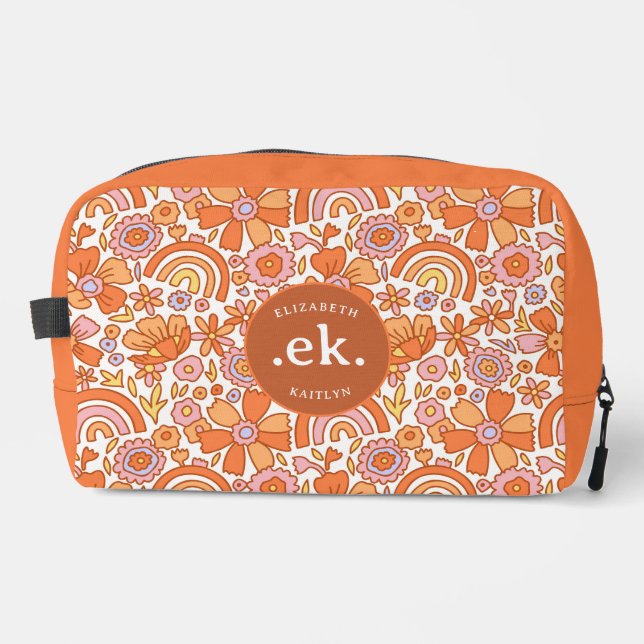  Groovy Retro Orange Florals Monogram Dopp Kit (Front)