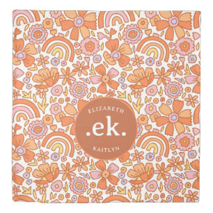 Groovy Retro Orange Florals Monogram Duvet Cover