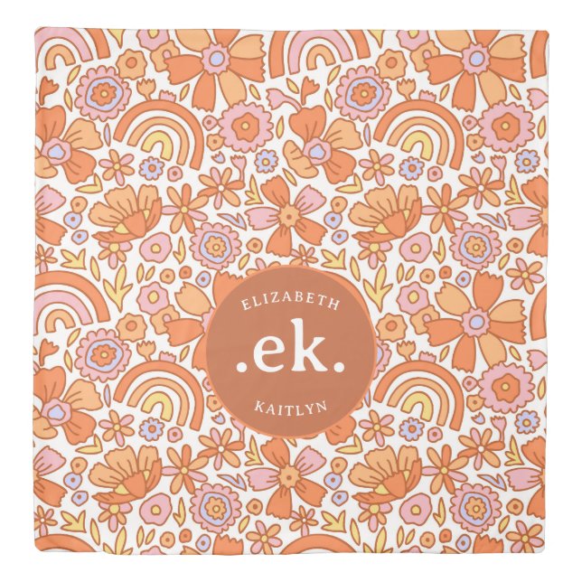 Groovy Retro Orange Florals Monogram Duvet Cover (Front)
