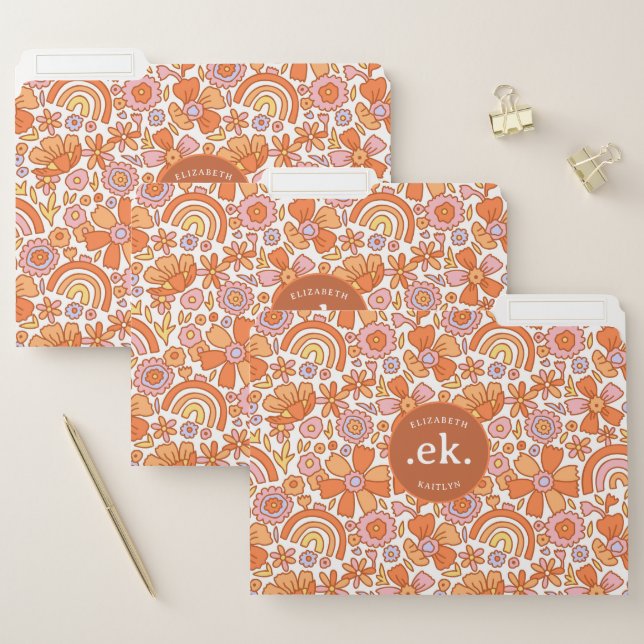  Groovy Retro Orange Florals Monogram File Folder (Set)