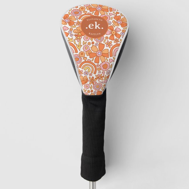  Groovy Retro Orange Florals Monogram Golf Head Cover (Front)