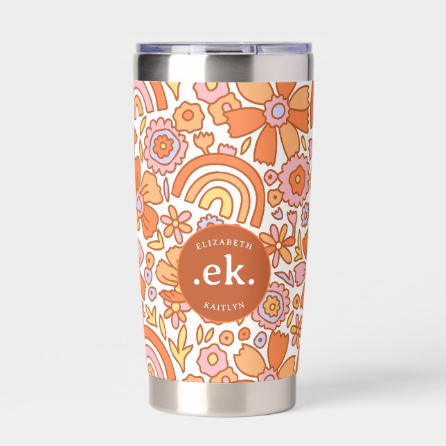  Groovy Retro Orange Florals Monogram Insulated Tumbler (Front)