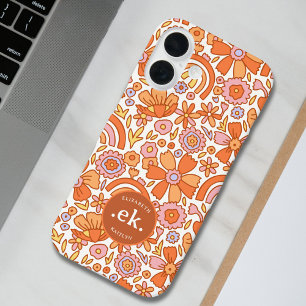  Groovy Retro Orange Florals Monogram iPhone 16 Case