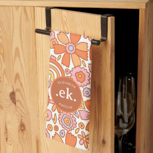 Groovy Retro Orange Florals Monogram Kitchen Towel
