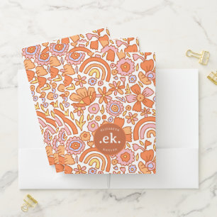 Groovy Retro Orange Florals Monogram Pocket Folder