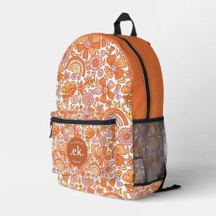 Groovy Retro Orange Florals Monogram Printed Backpack