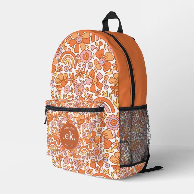  Groovy Retro Orange Florals Monogram Printed Backpack (Back Corner Right)