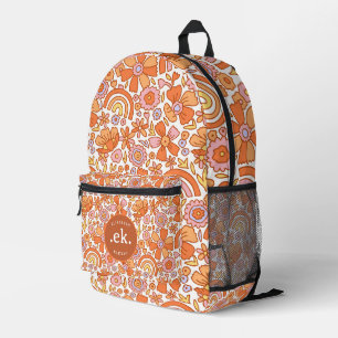 Groovy Retro Orange Florals Monogram Printed Backpack