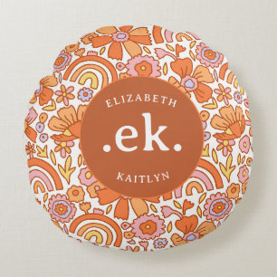 Groovy Retro Orange Florals Monogram Round Pillow