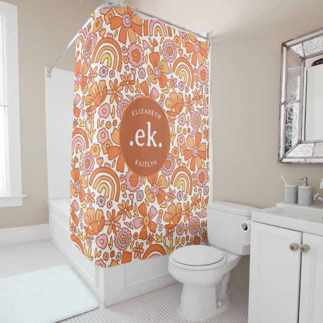  Groovy Retro Orange Florals Monogram Shower Curtain (In Situ)