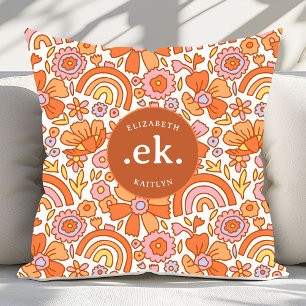 Groovy Retro Orange Florals Monogram Throw Pillow