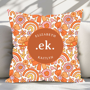 Groovy Retro Orange Florals Monogram Throw Pillow