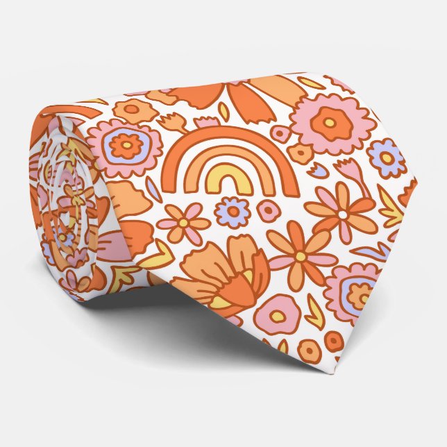 Groovy Retro Orange Florals  Neck Tie (Rolled)