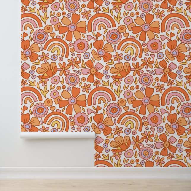  Groovy Retro Orange Florals  Wallpaper (Application)