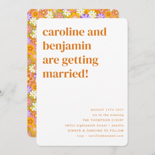 Groovy Retro Orange Flowers All In One Wedding Invitation