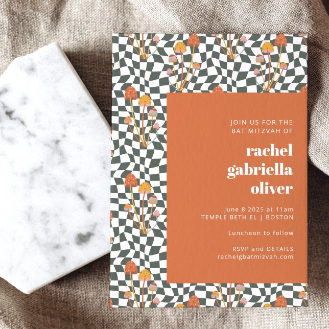 Groovy Retro Orange Green Checkerboard Bat Mitzvah Invitation (Creator Uploaded)