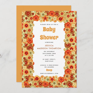 Groovy Retro Orange Hippie Flowers Baby Shower Invitation