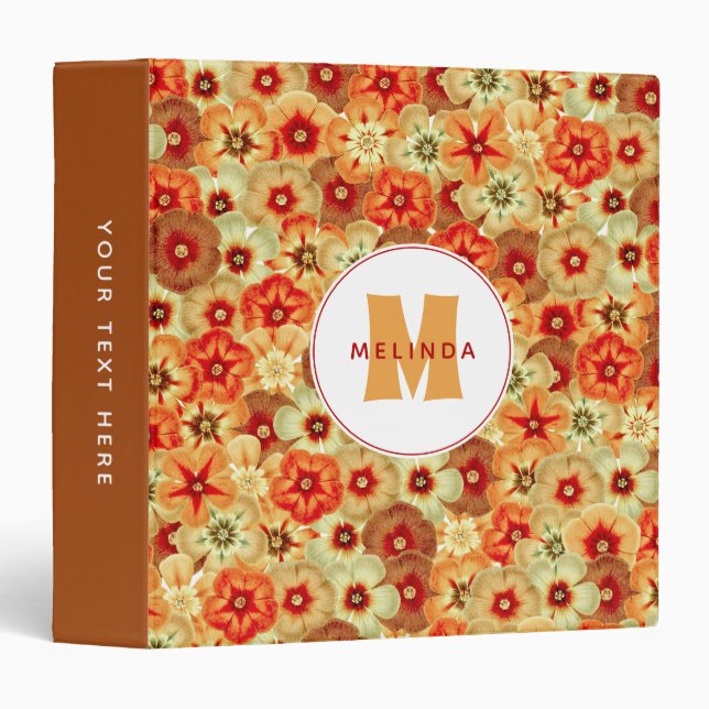 Groovy Retro Orange Hippie Flowers Monogram Album 3 Ring Binder (Front/Spine)
