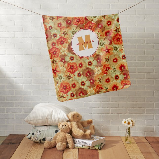 Groovy Retro Orange Hippie Flowers Monogram Baby Blanket (In Situ)