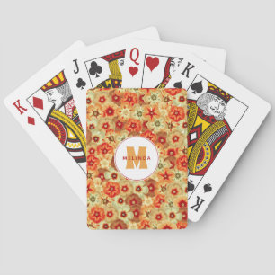 Groovy Retro Orange Hippie Flowers Monogram Poker Cards
