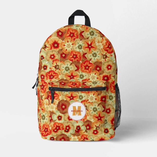 Groovy Retro Orange Hippie Flowers Monogram Printed Backpack (Front)