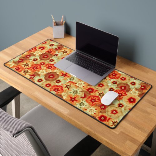 Groovy Retro Orange Hippie Flowers Pattern Desk Mat