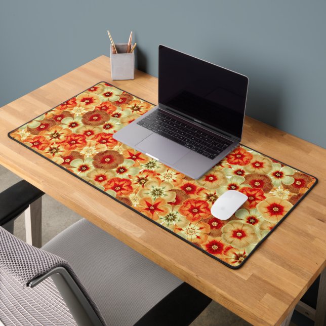 Groovy Retro Orange Hippie Flowers Pattern Desk Mat (Office 2)