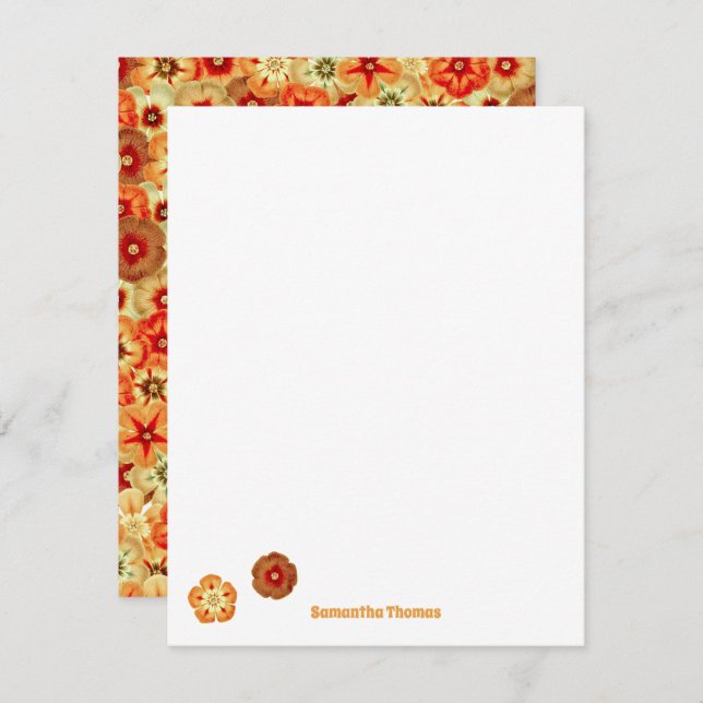 Groovy Retro Orange Hippie Flowers Pattern Note Card (Front/Back)