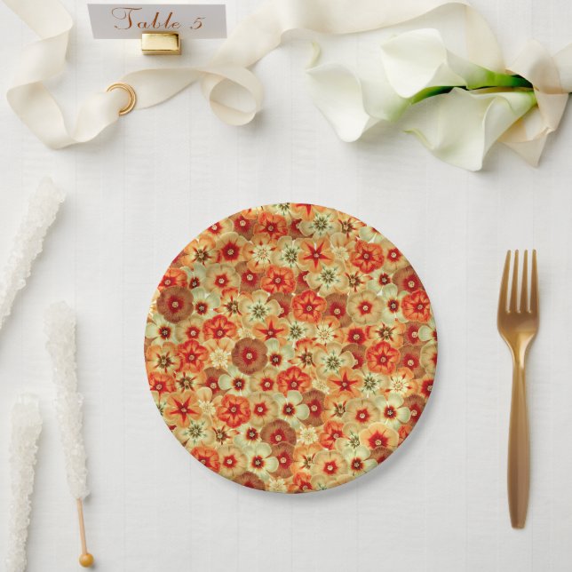 Groovy Retro Orange Hippie Flowers Pattern Paper Plates (Wedding)