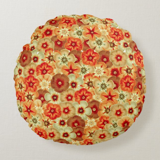 Groovy Retro Orange Hippie Flowers Pattern Round Pillow (Front)