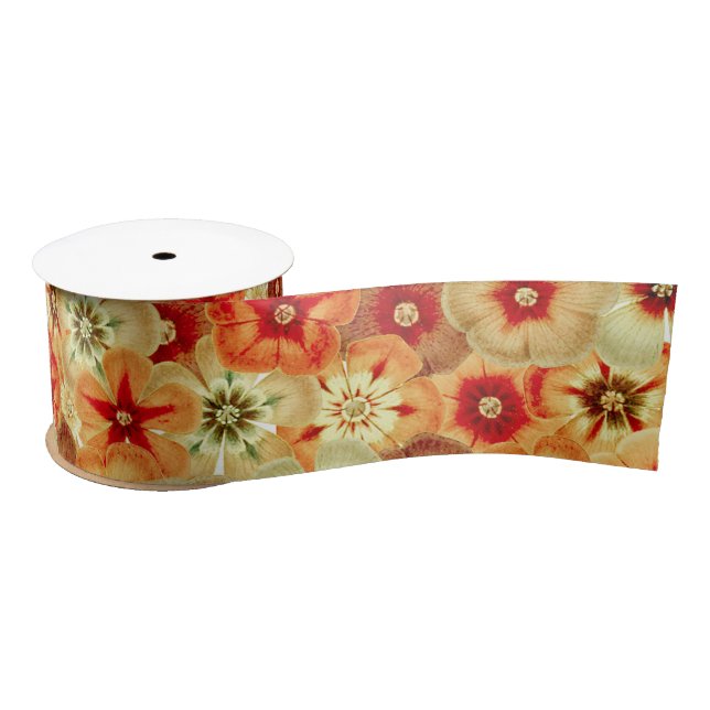 Groovy Retro Orange Hippie Flowers Pattern Satin Ribbon (Spool)