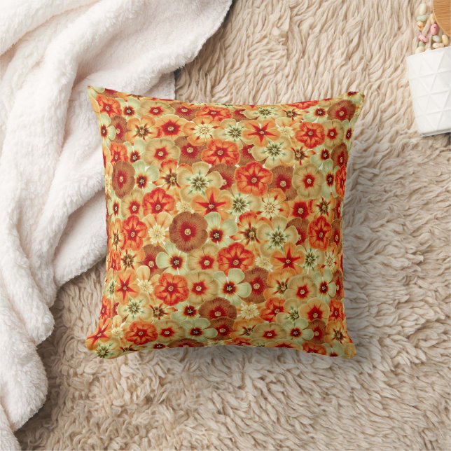 Groovy Retro Orange Hippie Flowers Pattern Throw Pillow (Blanket)
