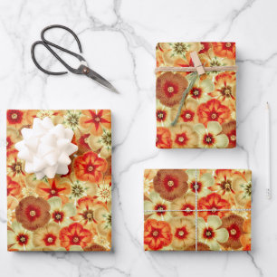 Groovy Retro Orange Hippie Flowers Pattern Wrapping Paper Sheets