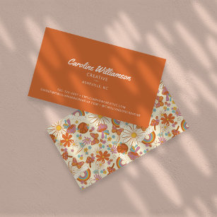 Groovy Retro Orange Hippie Peace Flowers Trendy Business Card