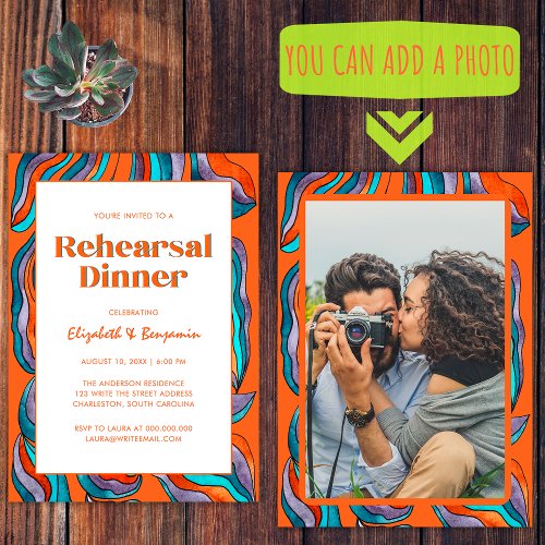 Groovy Retro Orange Photo Wedding Rehearsal Dinner Invitation