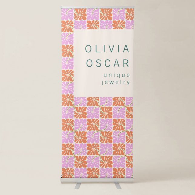 Groovy Retro Orange Pink Floral Custom Retractable Banner (Front)