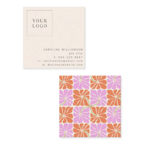 Groovy Retro Orange Pink Floral Logo Creative Square Business Card