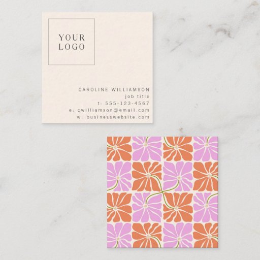 Customizable Groovy Retro Orange Pink Floral Logo Creative Square Business Card