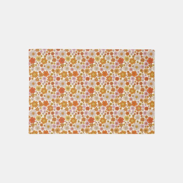 Groovy Retro Orange Pink Floral Pattern Rug (Front)