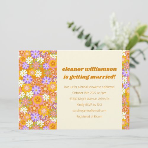 Groovy Retro Orange Purple Floral Bridal Shower Invitation