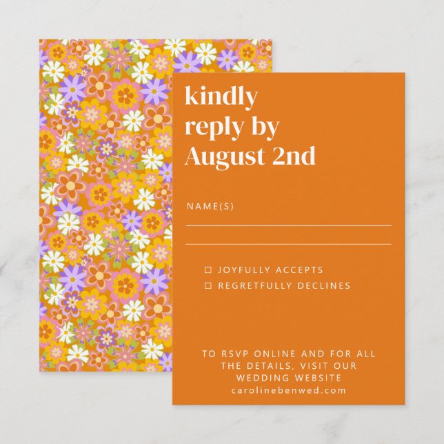 Groovy Retro Orange Purple Flowers Wedding RSVP Card (Front/Back)