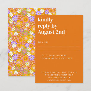 Groovy Retro Orange Purple Flowers Wedding RSVP Card