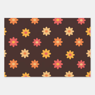 Groovy Retro Orange Yellow Red Flowers Wrapping Paper Sheets