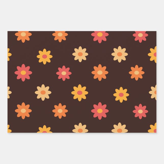 Groovy Retro Orange Yellow Red Flowers Wrapping Paper Sheets (Front 2)